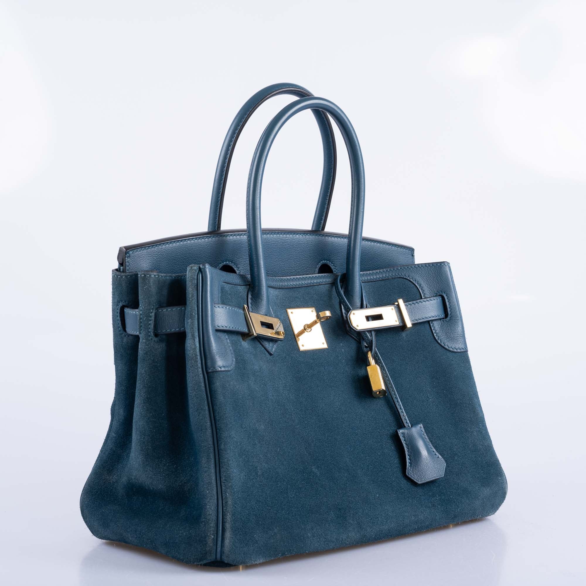 Hermès Birkin 30 Bleu Tempête Grizzly Doblis/Swift Permabrass Hardware