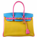 Hermès Birkin 30 HSS Rose Lipstick, Blue Aztec & Cumin Chevre Leather Brushed Gold Hardware - 2014, R Squared