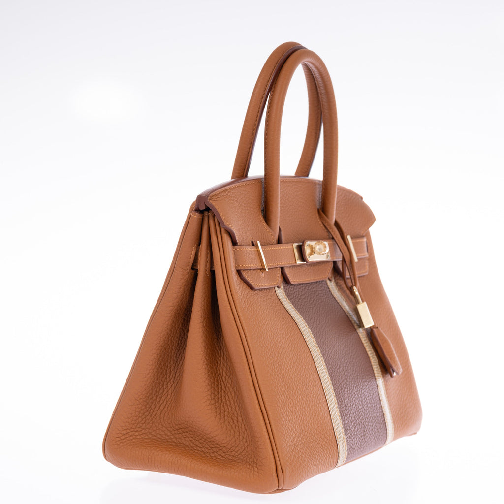 Hermès Club Birkin 30 Gold Clémence & Marron d'Inde Leather & Ficelle Lizard Permabrass Hardware