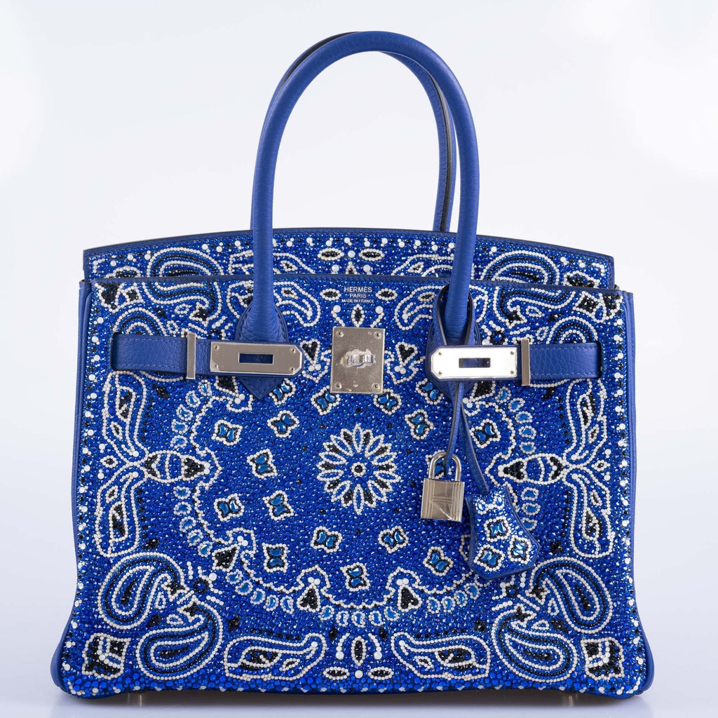 Hermès Custom Swarovski Crystal Cowgirl Bandana Birkin 30 Blue Togo Palladium Hardware