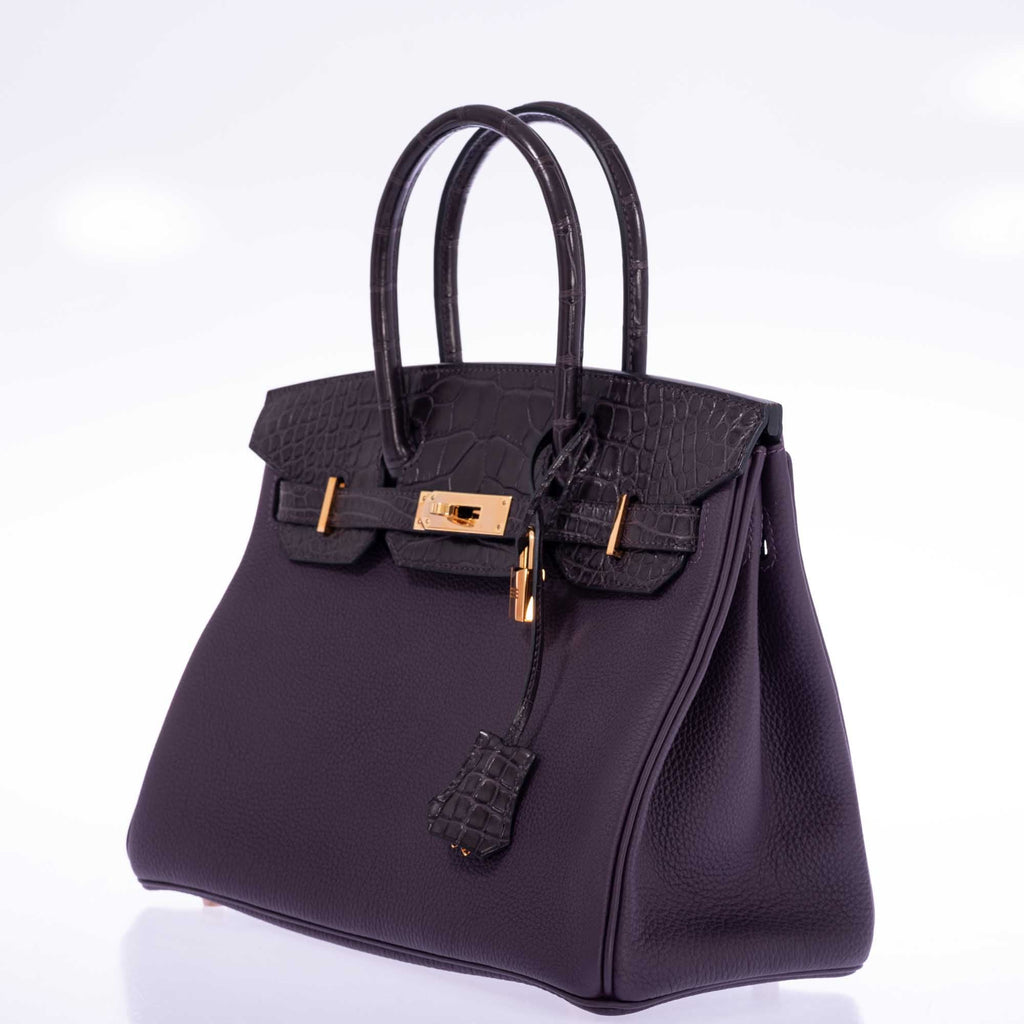 Hermès Touch Birkin 30 Prunoir Togo Raisin Matte Alligator Rose Gold Hardware