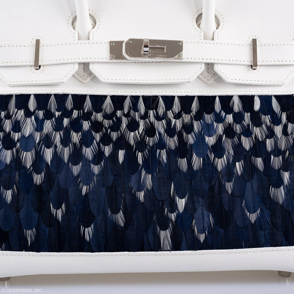 Vintage Hermès Birkin 30 White Epsom with Custom Feather Panel & Palladium Hardware - 2010, N Square