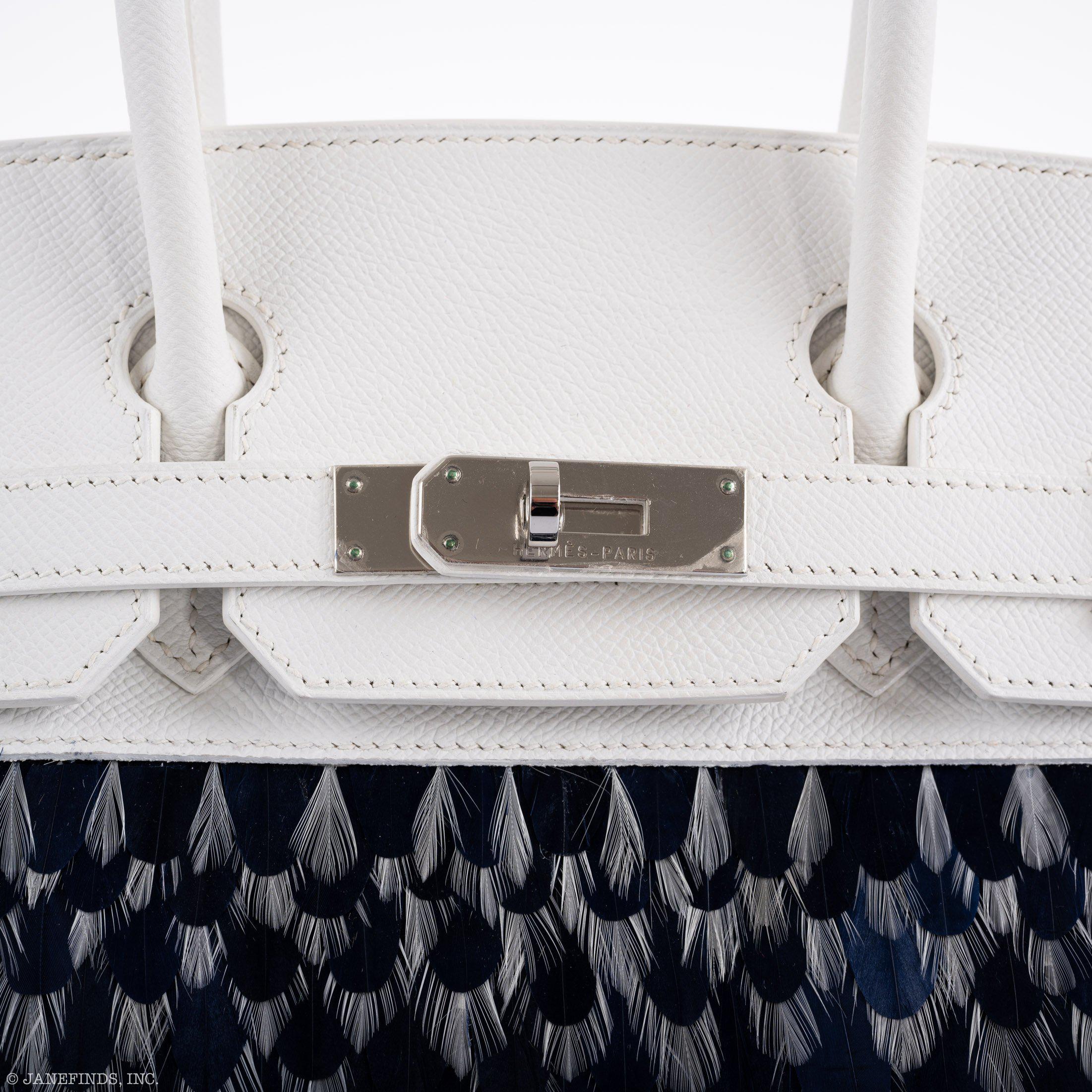 Vintage Hermès Birkin 30 White Epsom with Custom Feather Panel & Palladium Hardware - 2010, N Square