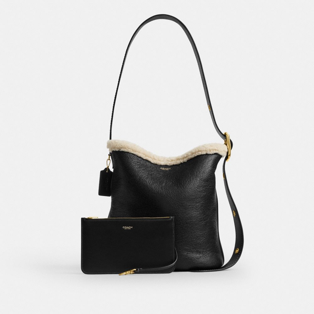 Coach Bleecker Bucket Bag In Shearling Brass Black Natural