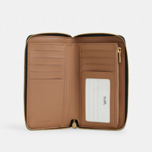 Coach Medium Id Zip Wallet In Signature Canvas Gold Walnut Black