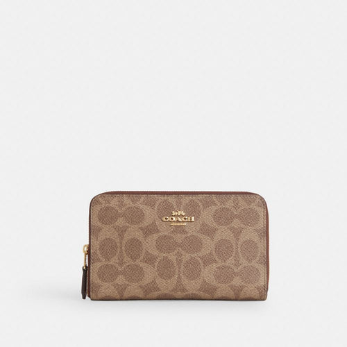Coach Medium Id Zip Wallet In Signature Canvas Gold Tan Brown