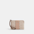 Coach Corner Zip Wristlet In Signature Canvas With Stripe Silver Sand Taupe