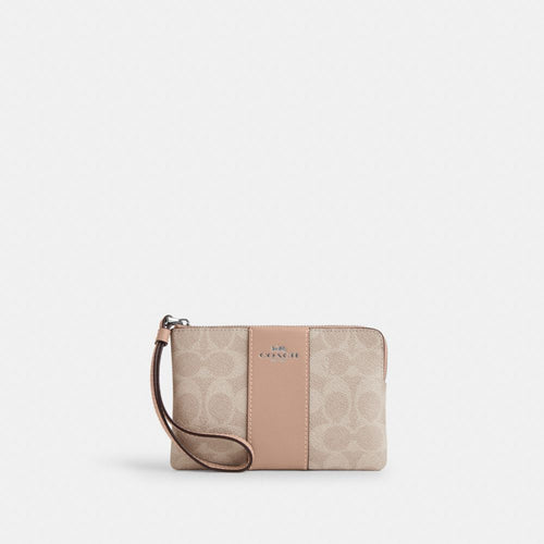 Coach Corner Zip Wristlet In Signature Canvas With Stripe Silver Sand Taupe